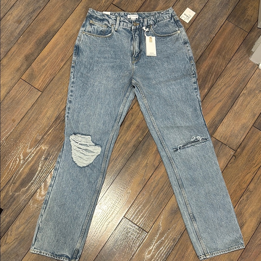 Good American Blue Straight Leg Distressed Jeans